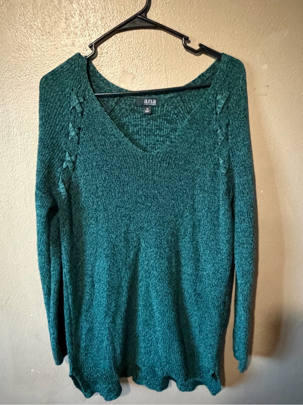 a.n.a Forest Green V-Neck Knit Sweater with Shoulder Lace-Up Detail